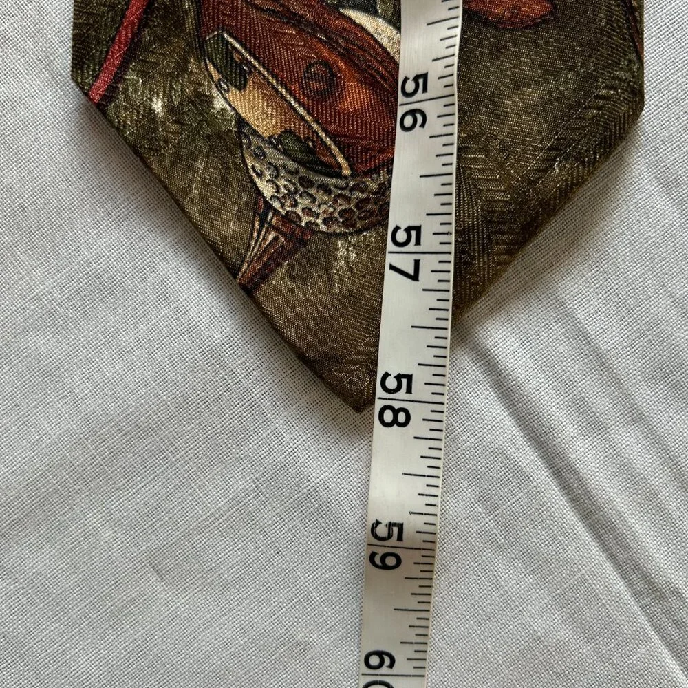Polo By Ralph Lauren Golf Scene Neck Tie Gold Multicolor Silk Hand Made USA VTG